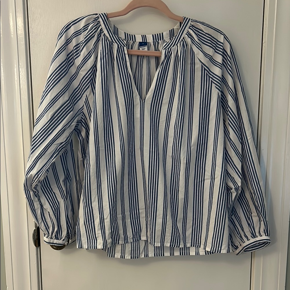Old Navy Blue and White Puff Sleeve Blouse